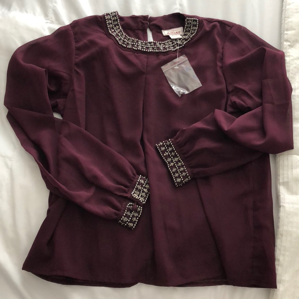 NWT plum shirt with beading on sleeves and collar